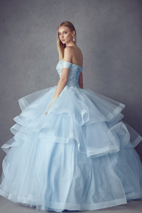 Off Shoulder Layered Glitter Ball Gown by Juliet 1432