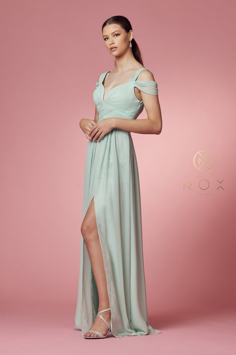 Long Cold Shoulder A-line  Dress with Slit by Nox Anabel Y277