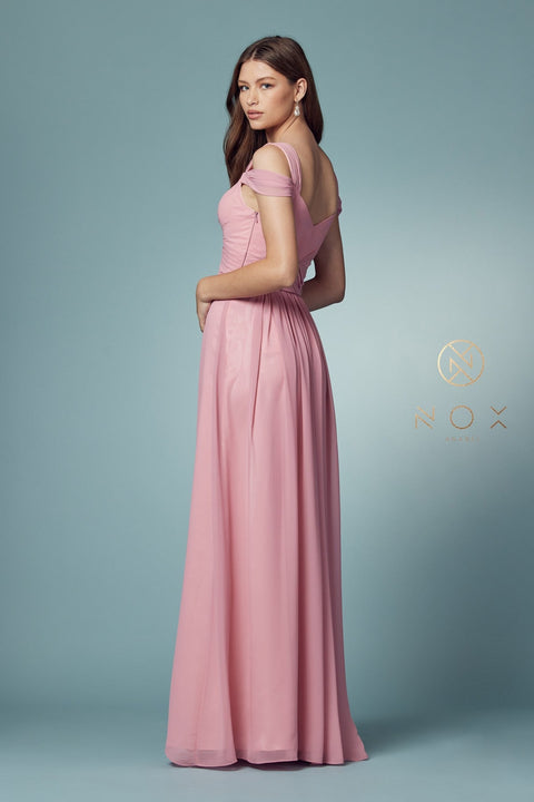 Long Cold Shoulder A-line  Dress with Slit by Nox Anabel Y277