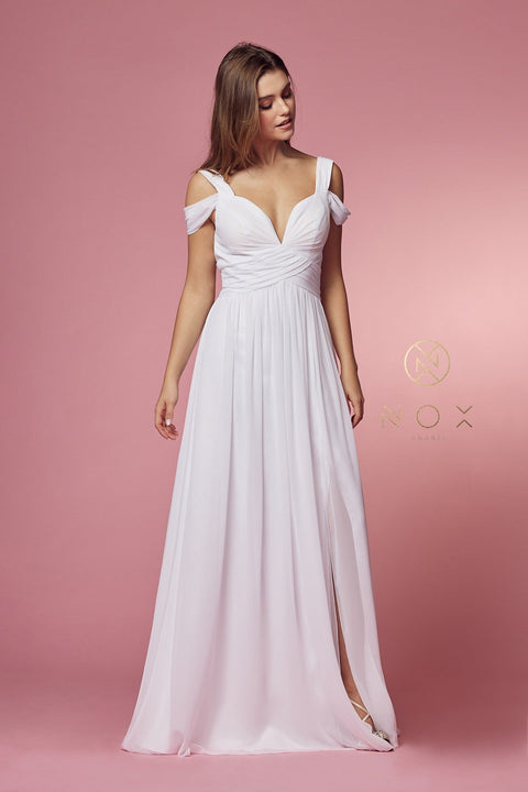 Long Cold Shoulder A-line  Dress with Slit by Nox Anabel Y277