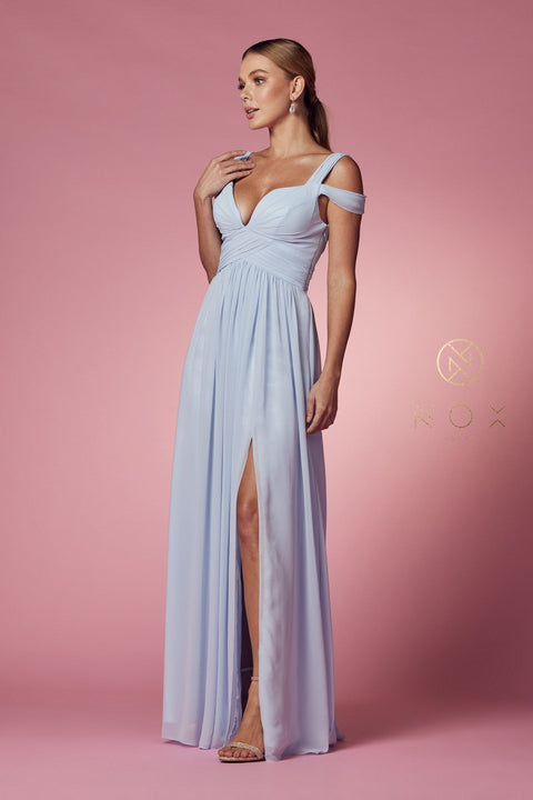 Long Cold Shoulder A-line  Dress with Slit by Nox Anabel Y277