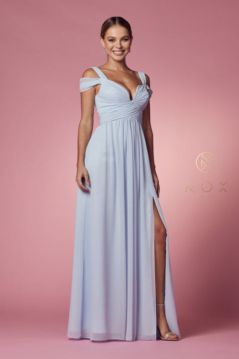 Long Cold Shoulder A-line  Dress with Slit by Nox Anabel Y277
