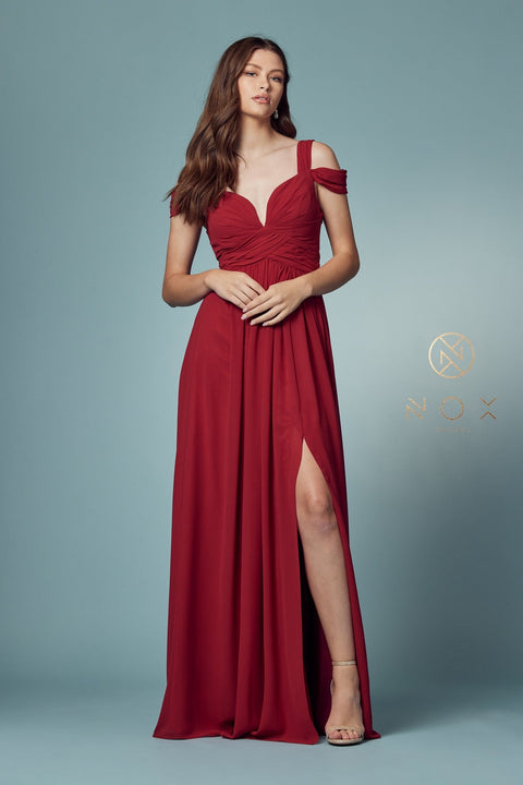 Long Cold Shoulder A-line  Dress with Slit by Nox Anabel Y277