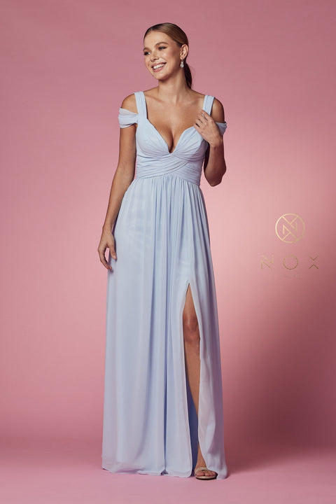 Long Cold Shoulder A-line  Dress with Slit by Nox Anabel Y277