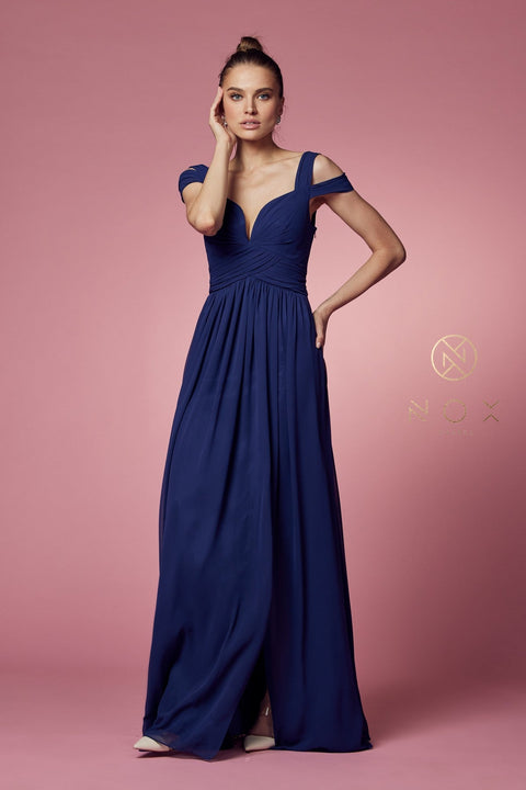 Long Cold Shoulder A-line  Dress with Slit by Nox Anabel Y277