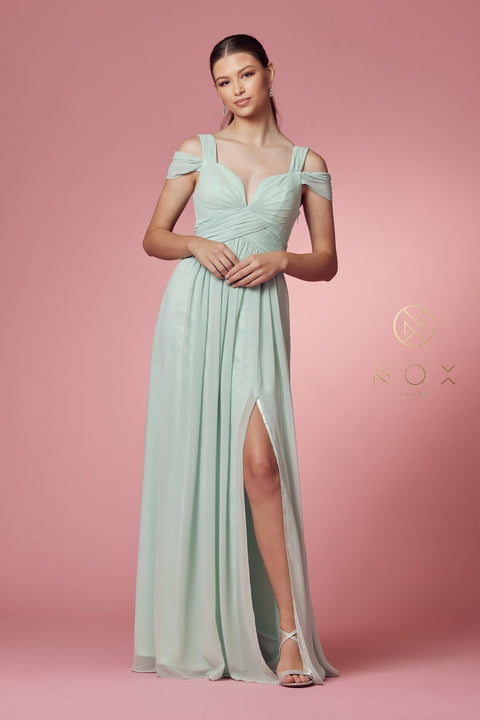 Long Cold Shoulder A-line  Dress with Slit by Nox Anabel Y277