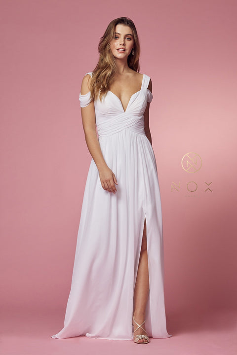 Long Cold Shoulder A-line  Dress with Slit by Nox Anabel Y277