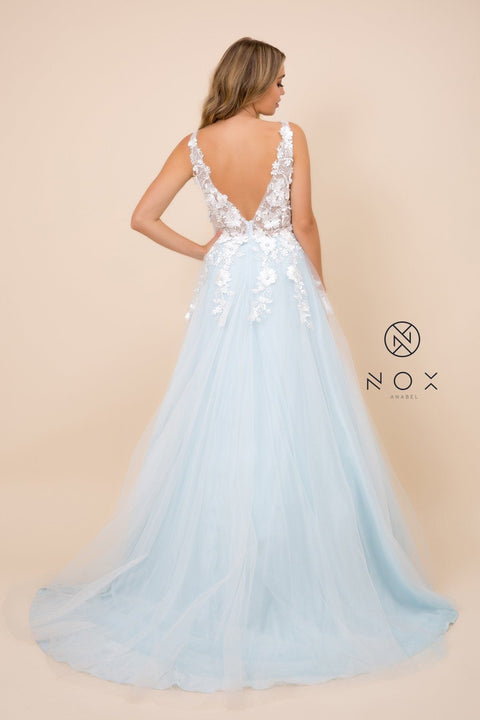 A-Line Long Tulle Dress with Lace Appliques by Nox Anabel G048