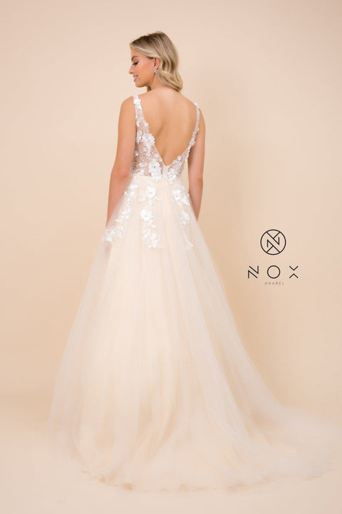 A-Line Long Tulle Dress with Lace Appliques by Nox Anabel G048