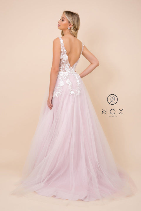 A-Line Long Tulle Dress with Lace Appliques by Nox Anabel G048