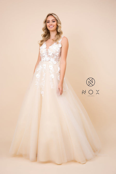 A-Line Long Tulle Dress with Lace Appliques by Nox Anabel G048