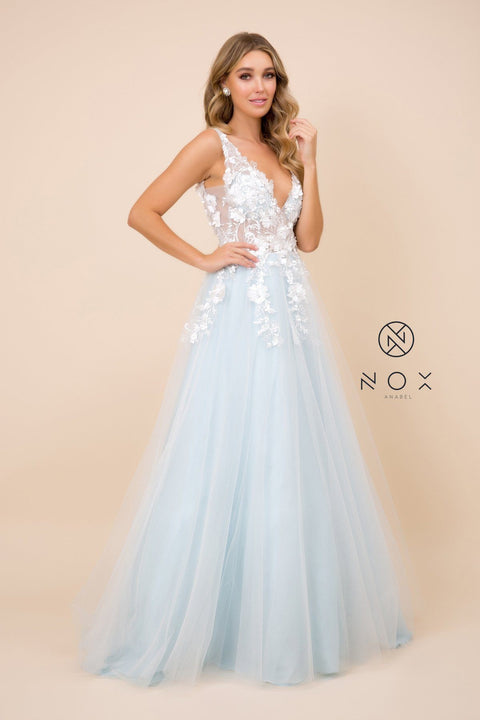 A-Line Long Tulle Dress with Lace Appliques by Nox Anabel G048