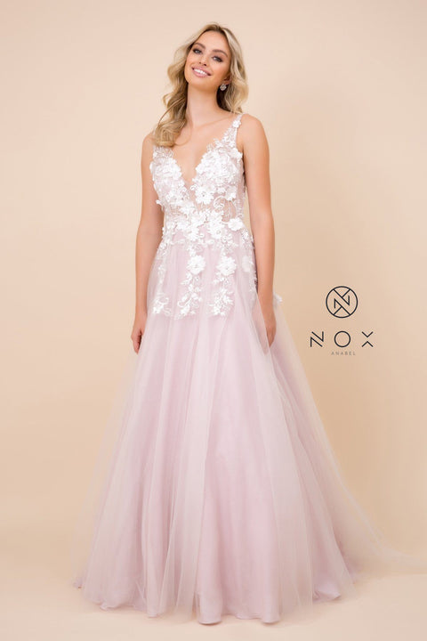 A-Line Long Tulle Dress with Lace Appliques by Nox Anabel G048