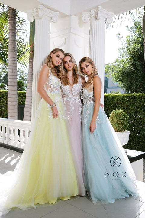 A-Line Long Tulle Dress with Lace Appliques by Nox Anabel G048