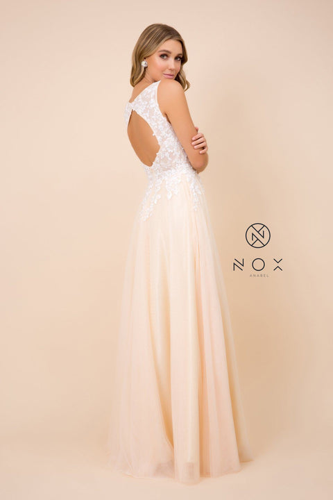 A-Line Long Tulle Dress with Lace Appliques by Nox Anabel G048