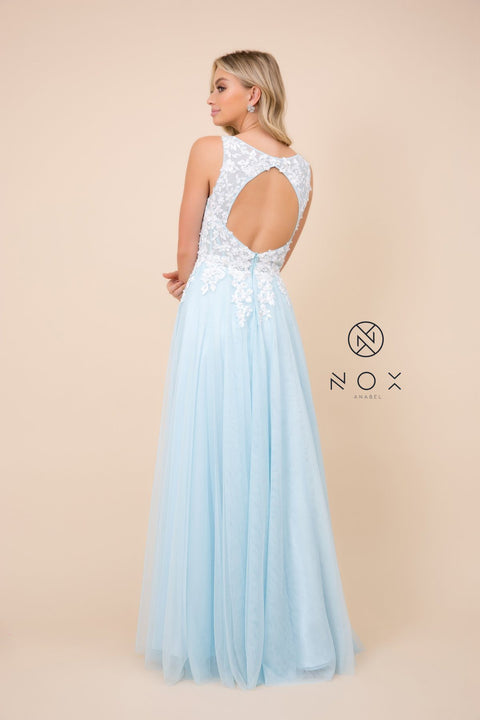 A-Line Long Tulle Dress with Lace Appliques by Nox Anabel G048