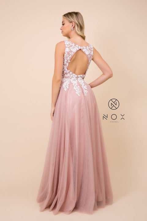A-Line Long Tulle Dress with Lace Appliques by Nox Anabel G048