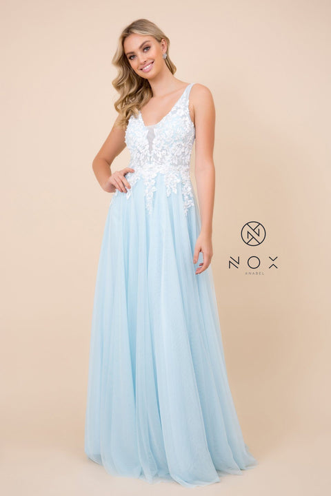 A-Line Long Tulle Dress with Lace Appliques by Nox Anabel G048