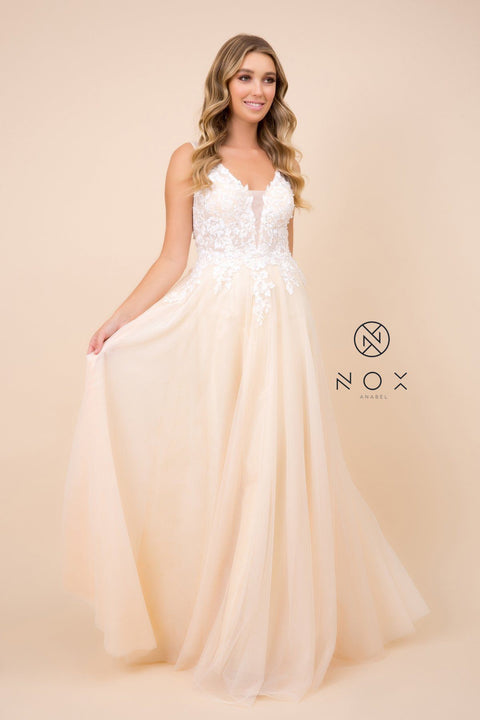 A-Line Long Tulle Dress with Lace Appliques by Nox Anabel G048