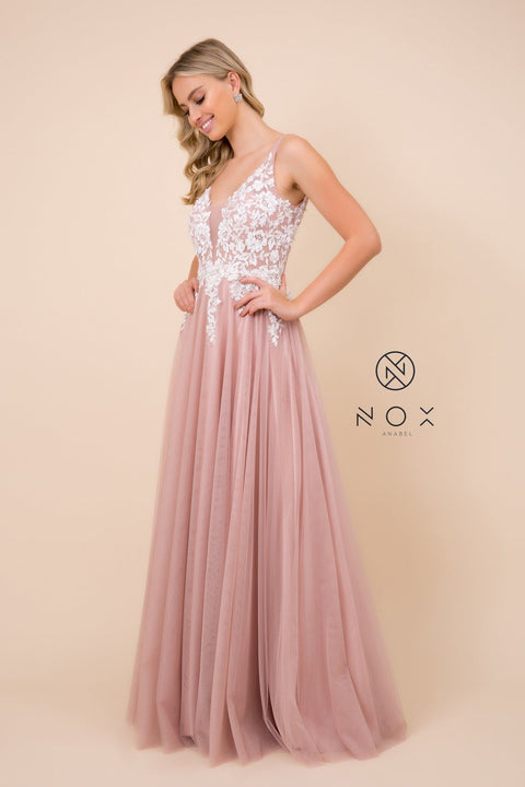 A-Line Long Tulle Dress with Lace Appliques by Nox Anabel G048