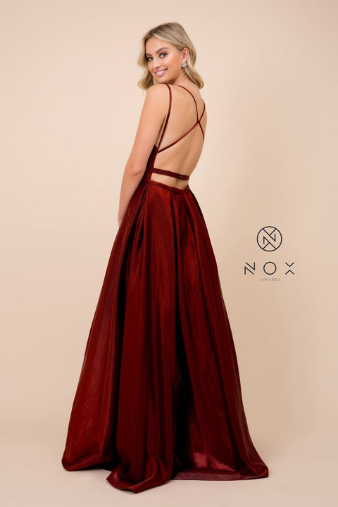 A-Line Long Shiny Satin Dress with Pockets by Nox Anabel M412