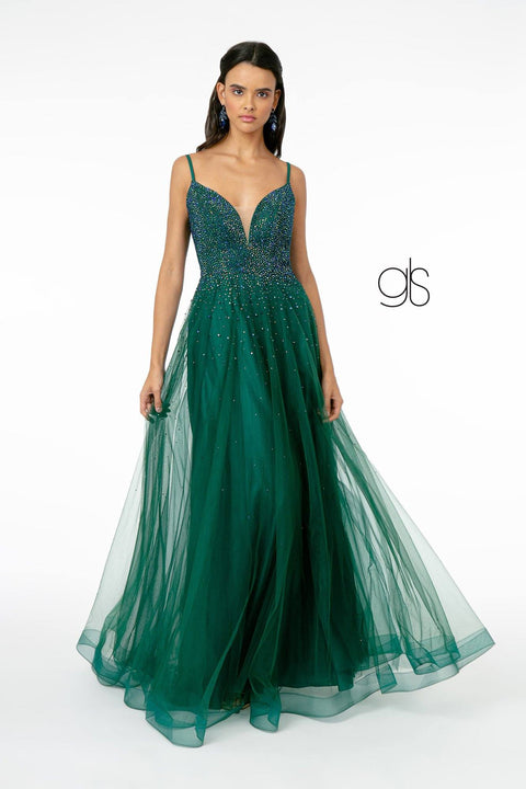 Elizabeth K GL2891: A-line Tulle Dress with Beaded Bodice