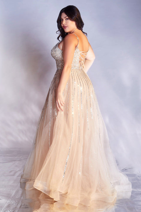 Long Beaded Tulle Dress by Cinderella Divine CD940