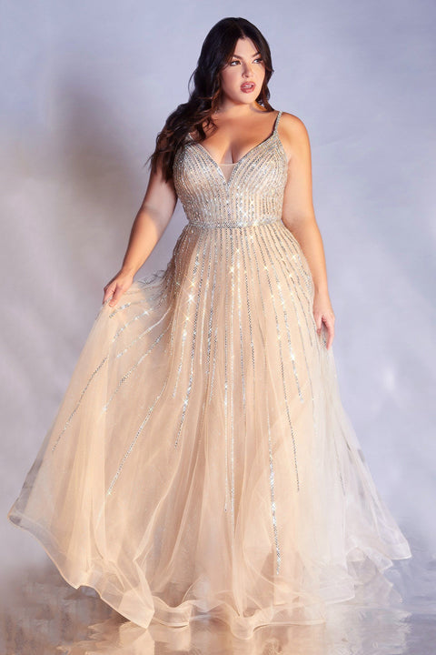 Long Beaded Tulle Dress by Cinderella Divine CD940