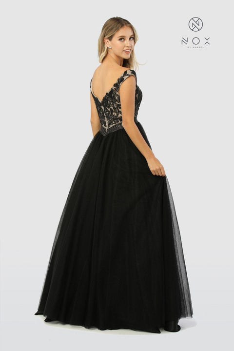 Long Black Off Shoulder Dress with Beads by Nox Anabel E166