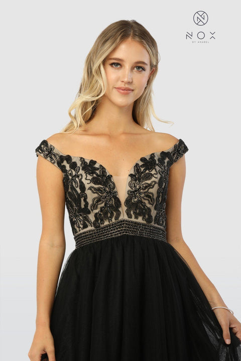Long Black Off Shoulder Dress with Beads by Nox Anabel E166