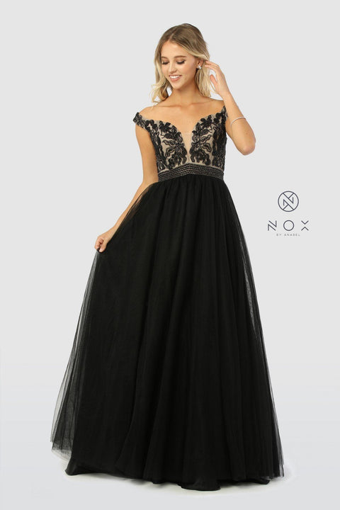 Long Black Off Shoulder Dress with Beads by Nox Anabel E166