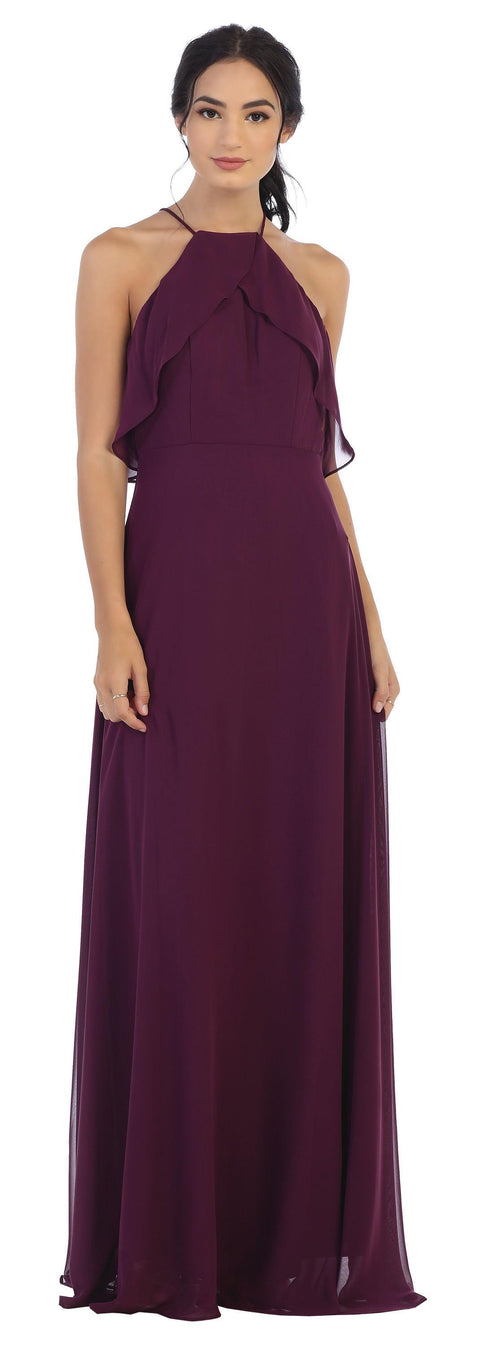 Long Ruffle Halter Bridesmaids Chiffon Dress