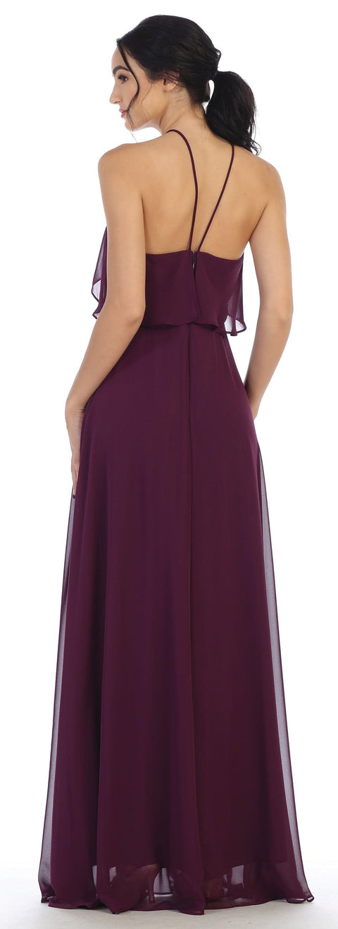 Long Ruffle Halter Bridesmaids Chiffon Dress