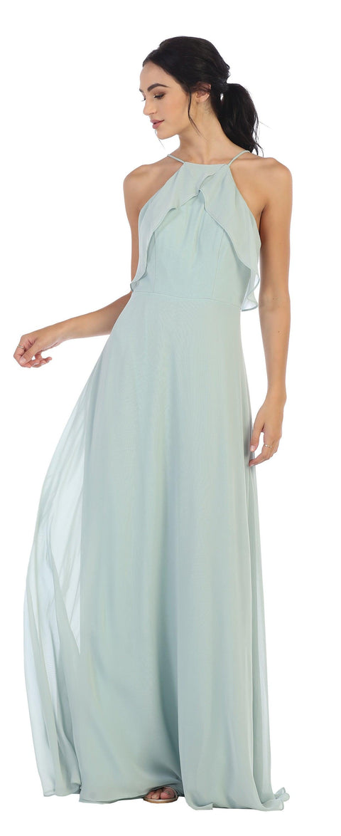 Long Ruffle Halter Bridesmaids Chiffon Dress