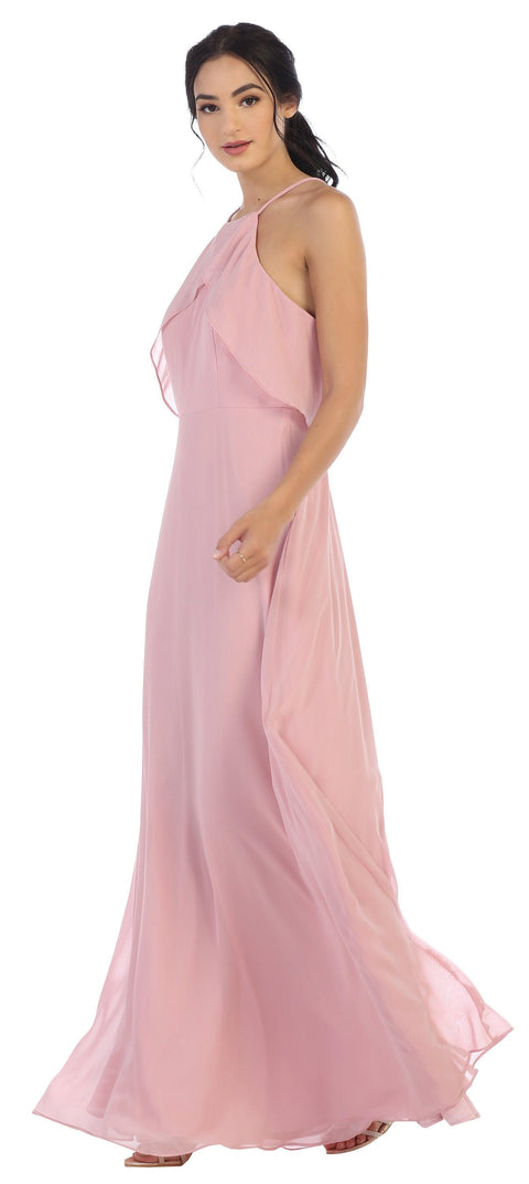 Long Ruffle Halter Bridesmaids Chiffon Dress
