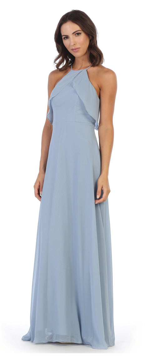 Long Ruffle Halter Bridesmaids Chiffon Dress