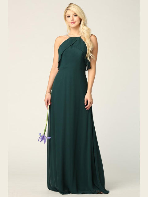 Long Ruffle Halter Bridesmaids Chiffon Dress