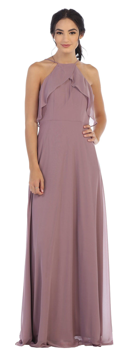 Long Ruffle Halter Bridesmaids Chiffon Dress