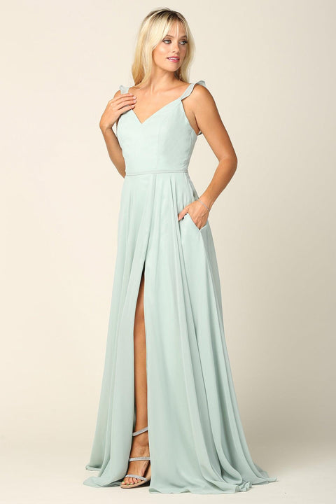 Long Bridesmaids Ruffle Sleeve Chiffon Gown by Eva Fashion