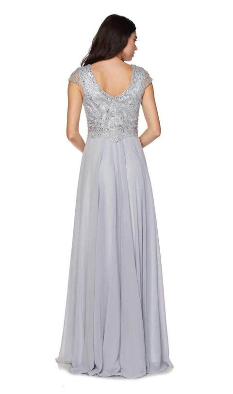 Juliet 657: Long Chiffon Dress with Cap Sleeves and Beaded Bodice