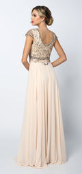 Juliet 657: Long Chiffon Dress with Cap Sleeves and Beaded Bodice