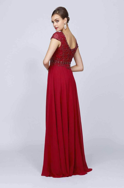 Juliet 657: Long Chiffon Dress with Cap Sleeves and Beaded Bodice