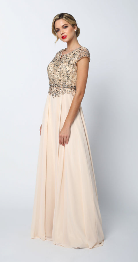 Juliet 657: Long Chiffon Dress with Cap Sleeves and Beaded Bodice