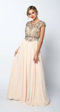 Juliet 657: Long Chiffon Dress with Cap Sleeves and Beaded Bodice
