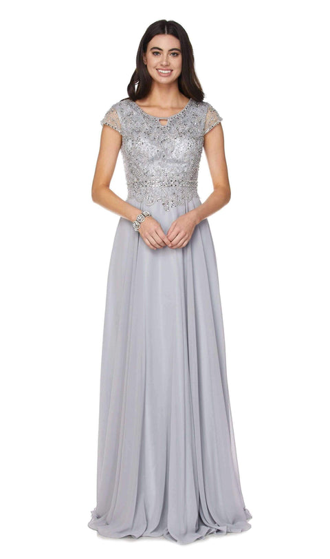 Juliet 657: Long Chiffon Dress with Cap Sleeves and Beaded Bodice