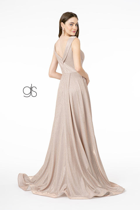 Elizabeth K GL1817: Long Metallic Dress with Cap Sleeves