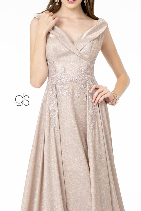 Elizabeth K GL1817: Long Metallic Dress with Cap Sleeves