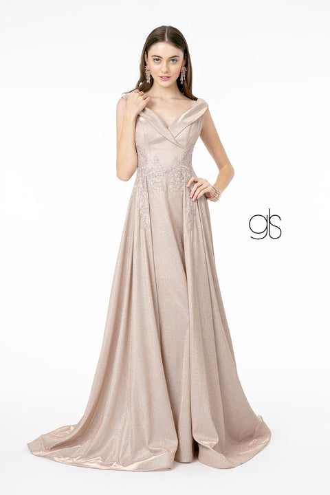 Elizabeth K GL1817: Long Metallic Dress with Cap Sleeves