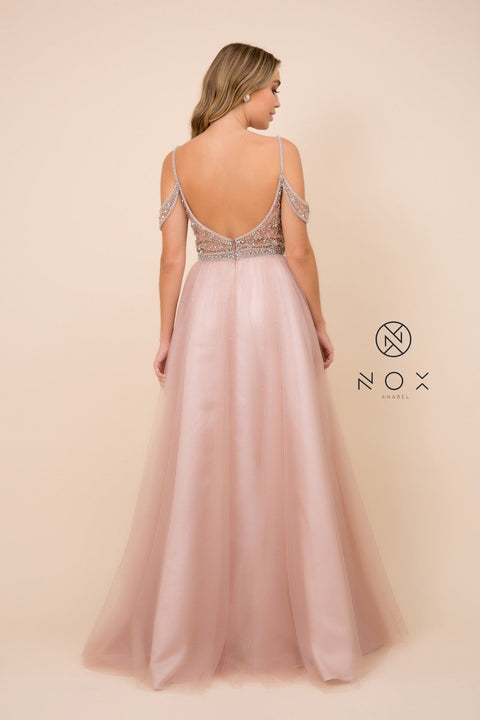 Cold Shoulder Long Beaded Bodice Dress by Nox Anabel L342