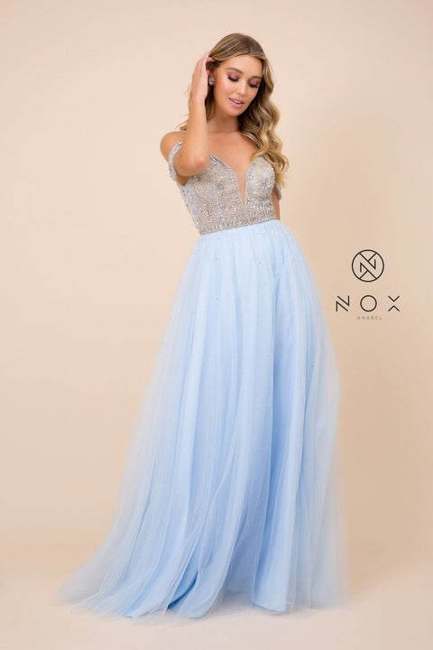 Cold Shoulder Long Beaded Bodice Dress by Nox Anabel L342